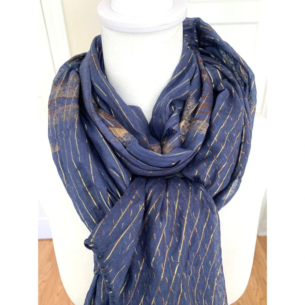 Navy Blue 100% Cotton Scarf Gold Elephant Print 44x68 Sheer Boho Wrap